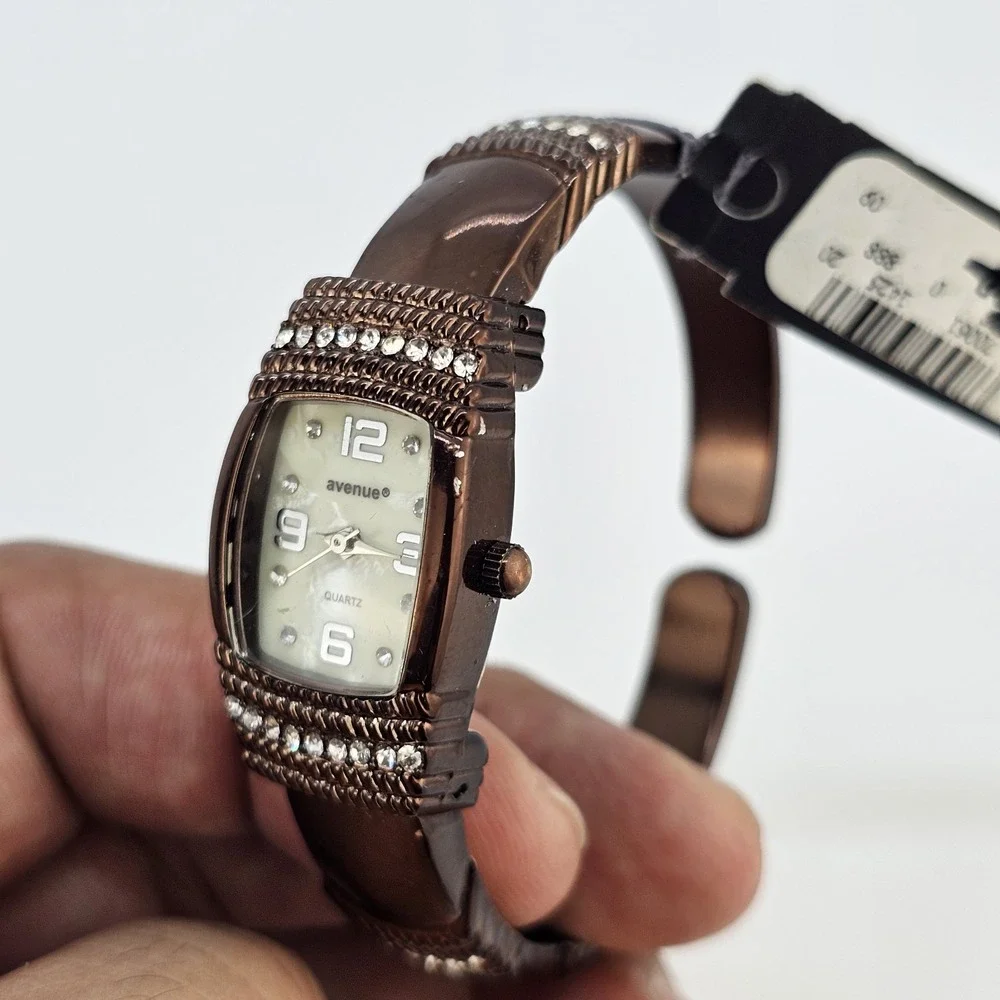 Avenue Open Cuff Watch Women 20MM Cream Dial Brown Bands 5.5" NEW Battery - Picture 2 of 11